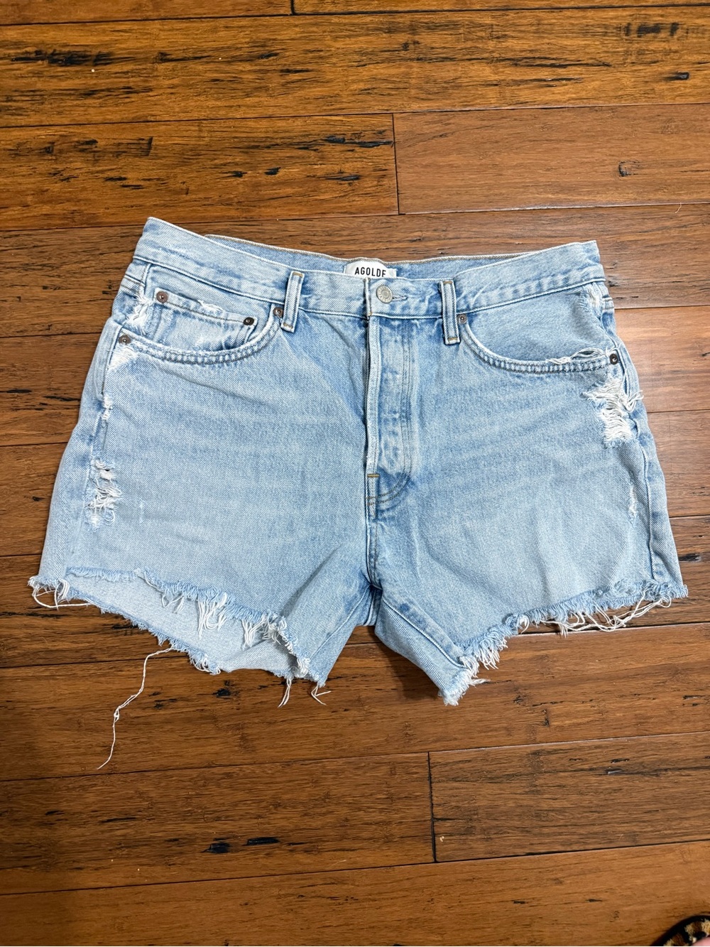 AGOLDE Parker Long Cotton Light Blue Distressed Denim Cutoff Shorts size 30